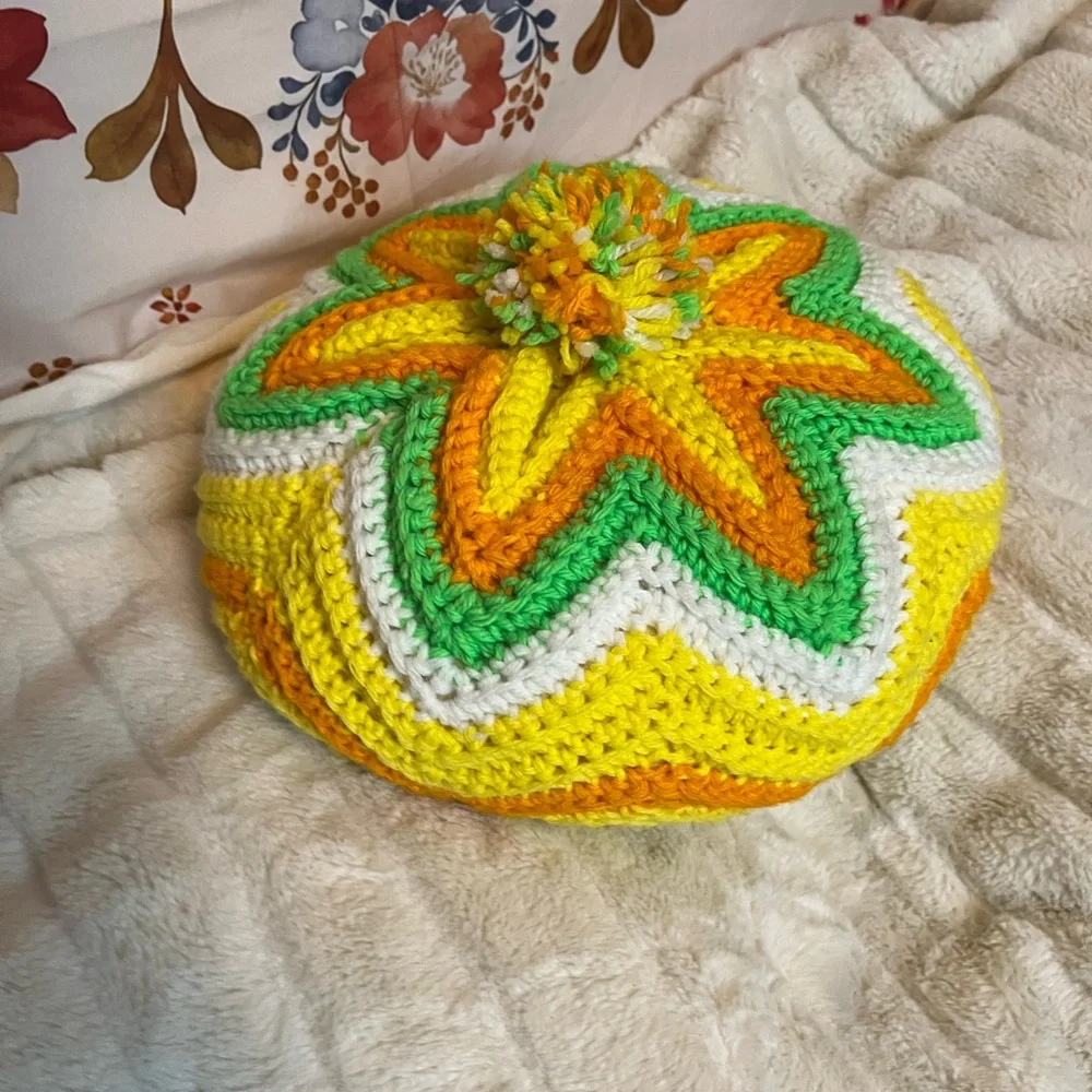 VTG Crochet Handmade Hippie Boho Yellow Green White Pom Decor Throw Neon Pillow